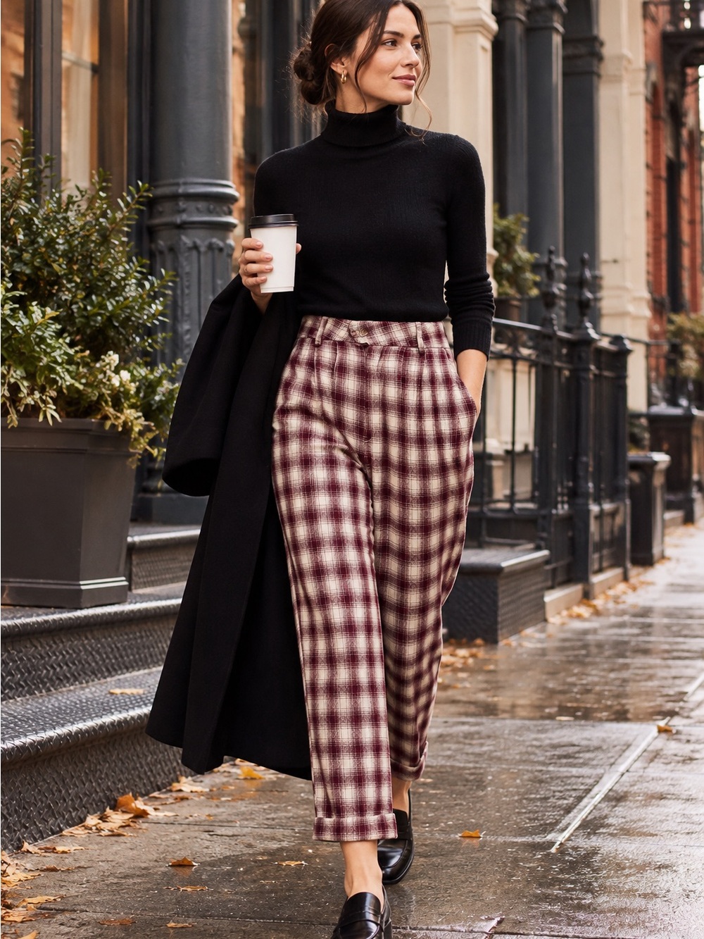 REFORMATION Crimson and Cream Plaid Preppy Fall Trousers, 4